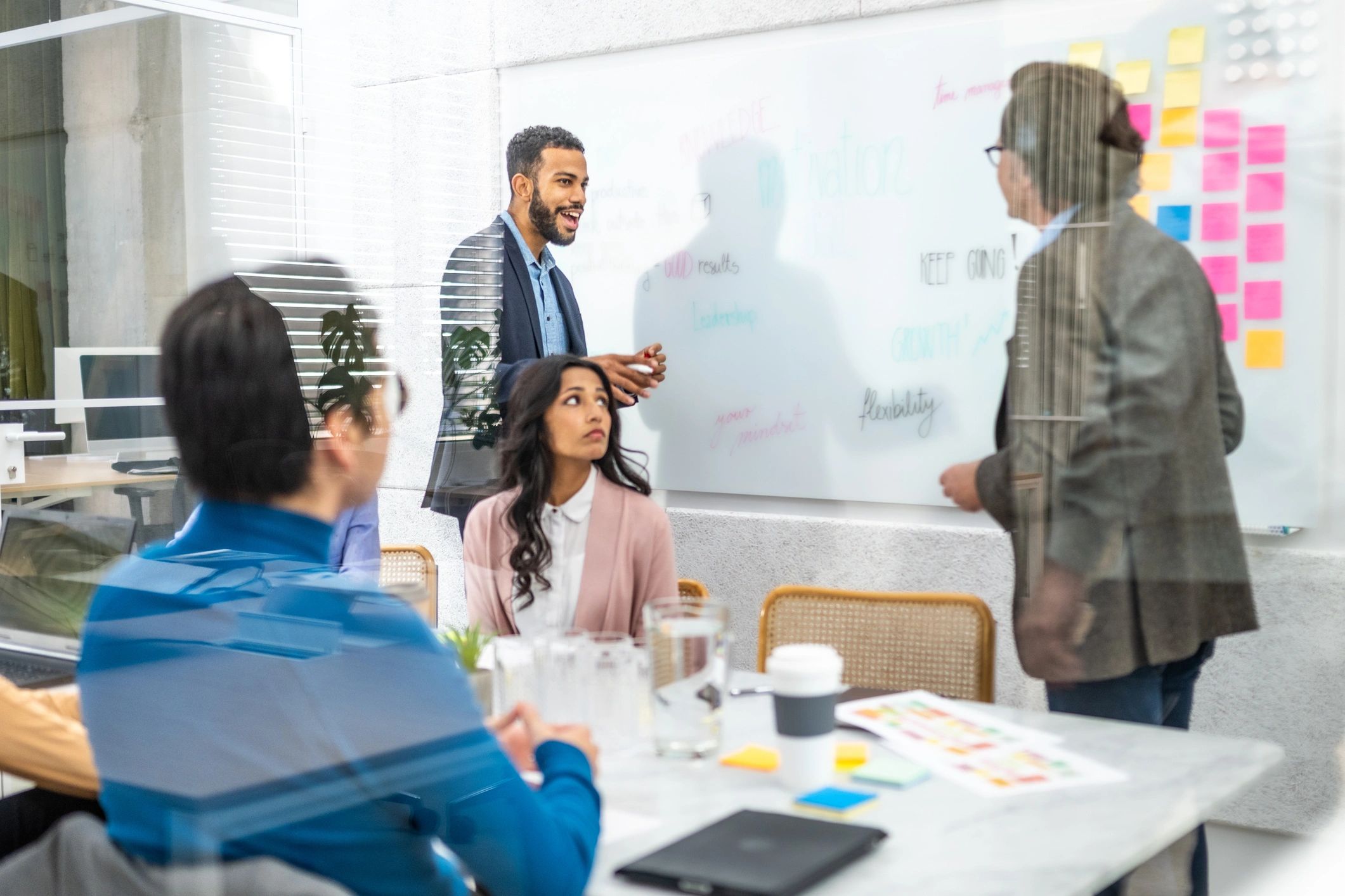 Corporate employees using kanban project planning technique in conference room