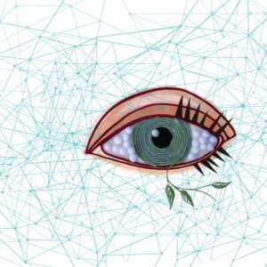 Natureโs Gaze: Hand-Stitched Human Eye with Botanical Sprig and AI Vision Interface