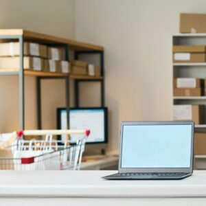 Order Pickup Counter Displaying Laptop in E Commerce Fulfillment Hub