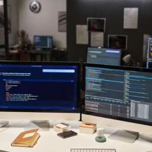 Developer Workstation Displaying AI Coding Workflow in Office