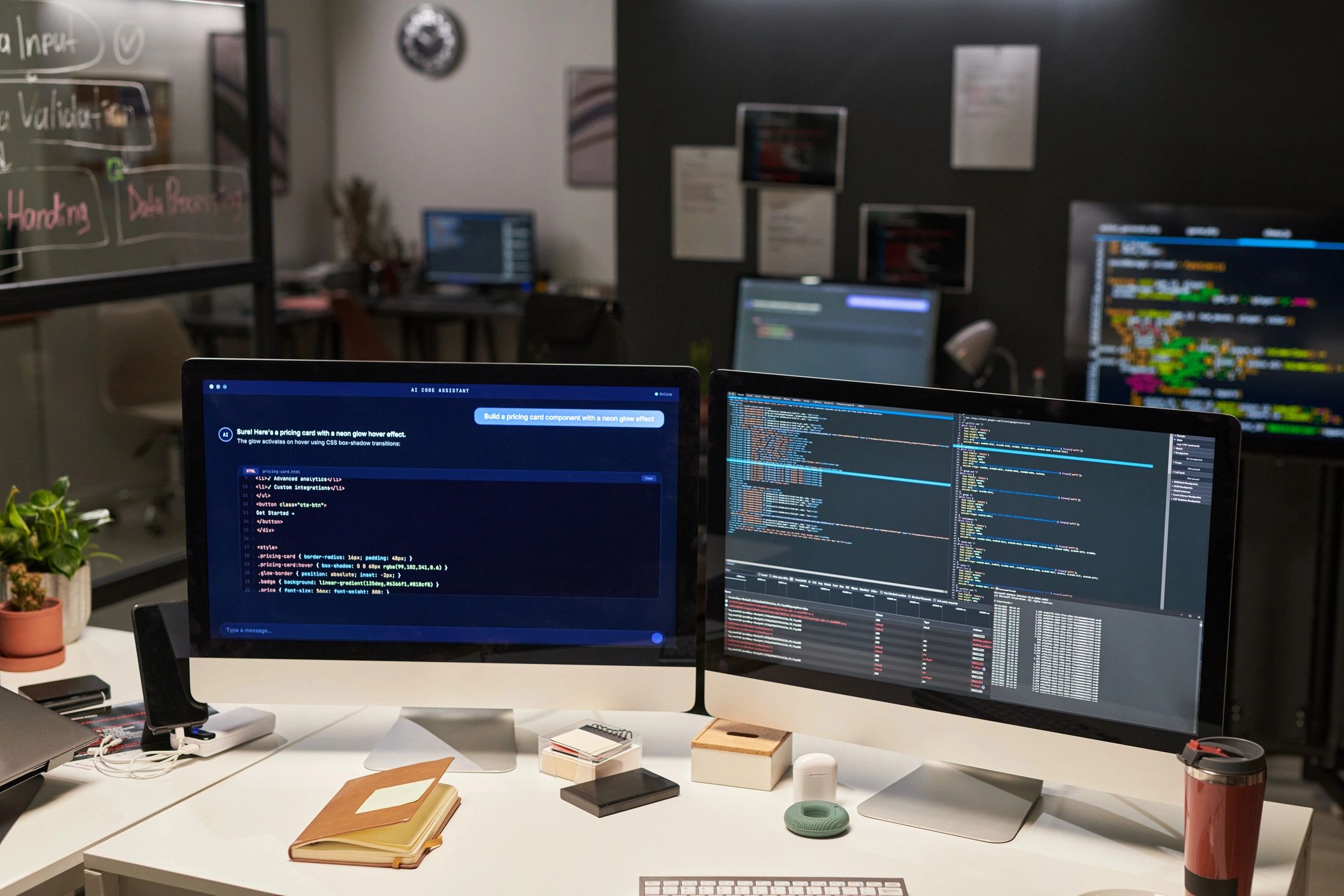 Developer Workstation Displaying AI Coding Workflow in Office